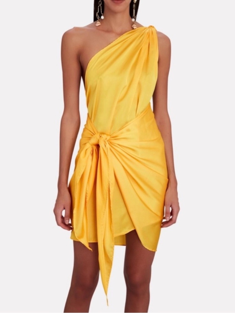 One-Shoulder Yellow Knot-Front Mini Dress